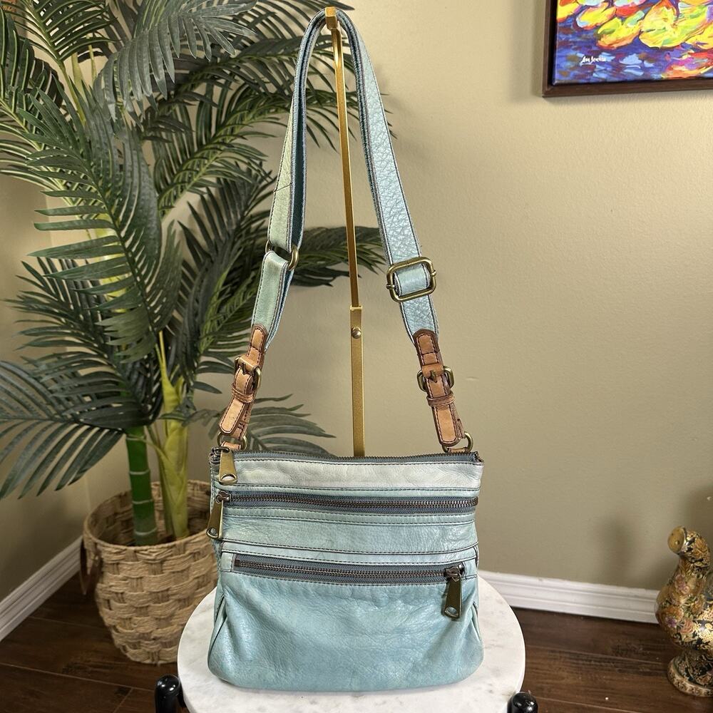 Fossil Explorer Triple Zip Crossbody adjustable Brass Blue teal distressed